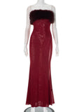 Strapless Red Feather Mesh Maxi Dress-Outfit