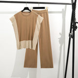 Fongt Simple Splicing Loose Short-Sleeved Knitting Top High Waist Thin Leg Pants Two