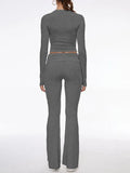 Long Sleeve Cropped Top Fold-over Flare Pants Set-Outfit