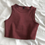 new ladies retro crop top high waist slimming stretch slim short sleeveless bottoming