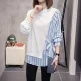 Casual Spliced Asymmetrical Sweatshirts Women's Clothing 2023 Spring Autumn Round Neck Chic All-match Drawstring Jumpers-Outfit