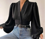 Fongt Explosion Spring New Temperament Button V-Neck Lantern Sleeve