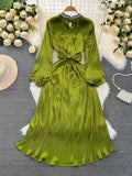 Light And Extravagant Miyake Pleated Long-Sleeved Diamond-Encrusted Vertical Collar Waist Showing Thin Bright Face A-Shaped Dress Dress-Outfit