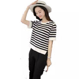 Fongt Summer New Women's Loose Korean Version Of Plus Size Jacket Black And White Stripe Front Short Back Long Short Sleeve T-Shirt Female