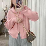 Version Of Solid Color Double Zipper Hooded Sweater Female Korean Early Autumn New Loose Style Soft Waxy Knitted Cardigan Jacket-Outfit