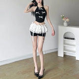 Fongt Summer New Women's Bow Decoration Hanging Neck Small Vest Lace Shorts-Outfit