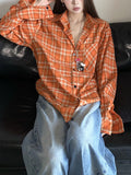 Fongt New Fall 2024 Vintage White Orange Plaid Shirt Coat For Men And Women-Outfit