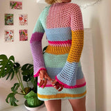 Patchwork Hollow Out Crochet Mini Dress Chic Women Long Sleeve 90s Vintage Aesthetic Knitted Dress Y2K