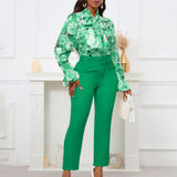 Fongt New Fashion Print Strap Long-Sleeved Top High-Waisted Trousers Set