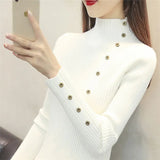 Elegant Turtleneck Women Knitted Pullover Sweater Fashion Autumn Long Sleeve Jumper Button Korean Pink Winter