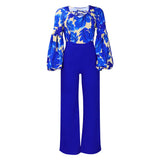 Fongt Large-Size Women's New Fashion Print Strapped With Broad Leg Pants Two-Set Set