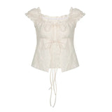 Fongt Small Fragrant Pure Girl Bubble Sleeve Strapped With Wood Ear Age Reduction Netcloak Umbilly Short-Sleeved Top
