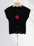 Fongt Show Thin Ultra-Soft Short Knit Top Women's Summer Thin V-Neck Small Flying Sleeve Black Rose Lace-Up Short Sleeve-Outfit