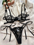 Heart-Shaped Embroidery Mesh Tie Up Lingerie Set-Outfit