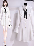 Spring Fashion Long Sleeve Elegant White Bow Collar Midi Dress For Women French Vintage OL Single Breasted Suits Femme