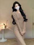 New Autumn And Winter Style High-Necked Bubble Sleeve Knitted Dress With Buttocks Temperament And A Medium-Length Dress With Forked Bottoms-Outfit