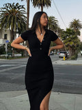 Solid Color Maxi Dress Summer Clothes For Women Elegent Middle collar Single-breasted Dresses Streetwear Party Travel-Outfit