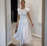 Fongt New Sweet Pure Want To Collect Waist Thin A Word French Girl Folds Splicing Short Sleeve Long Dress Woman