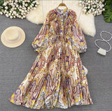 Quality Light Extravagant Lantern Long Sleeved Round Collar Waist Slim Single Breasted Printed Dress Elegant Long Skirt-Outfit