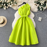 Fongt Party Dress Dress Women's Summer French Collared Shoulder Bubble Sleeve High Waist Fork Banquet Dress
