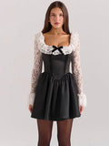 Black Lace Flare Long Sleeve Mini Dress-Outfit