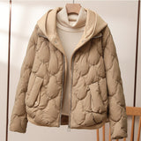 Fake Two Knitted Splicing Down Jacket Female 2024 Winter New Korean Version Fashion High-End Hooded White Duck Down Coat-Outfit