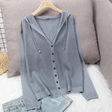 Knitted Hooded Cardigans For Women Summer Thin Long Seeve Sunscreen Shirt Single Breasted Solid Knitwear Coat Tops