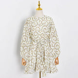Elegant Print Women Dress O Neck Lantern Long Sleeve High Waist Lace Up Bow Ruffles Mini Dresses For Female
