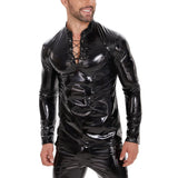 Fongt Men's PU Mirror Bright Leather Long Sleeve Casual Coat Black Slim Strap Stand-Up Collar Leather Jacket-Outfit