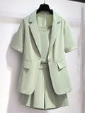 Ladies Elegant 3 Pieces Set Summer Short Sleeve Notched V Neck Blazer+chiffon Vest+shorts Sets For Women