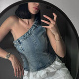 Fongt Asymmetrical Collar Retro Denim Breast Wrap Blouse 6045005