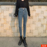 Fongt Double-Button Small Foot Jeans Women's Fall 2024 New Summer Slim Show Thin Nine Minutes Tight Black Pants-Outfit