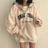 Vintage Embroidery Letter Half Zip Up Hoodie-Outfit