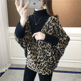 Women's Clothing Batwing Sleeve Leopard Sweaters Autumn Winter New Thick Half High Collar Spliced Loose Knitted Jumpers Female-Outfit