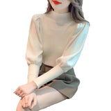 Korean Version Semi-High Round Collar Design Bubble Sleeve Knitted Sweater Autumn And Winter New Foreign Style Pullover Women's Dress-Outfit