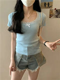 New Pure Lust Lace Lace Short Sleeve Slim T-Shirt Thin Bow Design Short