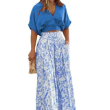 Fongt Bat Sleeve Horn Trousers Set Ins Short Blouse V-Neck Fashion Wide Leg Trousers Two-Set