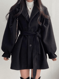 Puff Sleeve Belted Woolen Coat-Outfit