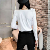 Slim Stylish Folds Spliced T-shirt 2023 Spring Autumn Female Elegant V-Neck Floral Three-dimensional Decoration Pullovers-Outfit