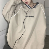 Print V Neck Patchwork Sweatshirt-Outfit