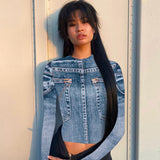 Denim Print Long Sleeve Top-Outfit
