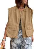 Fongt New Sleeveless Pocket Loose Vest Zipper Coat Woman