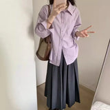 Fongt White Purple Long-Sleeved Shirt Women's Small Autumn New French-Ripen Casual Shirt Folded