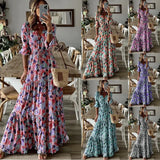 Fongt Summer New Women's Wear Temperament Holiday V Collar Print Large Place Long Dress-Outfit