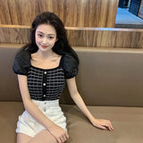 Niche T-Shirt Women's Summer Short Lantern Sleeve Collar Top Design With A Sense Of Minority Retro Plaid