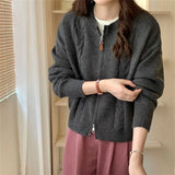 Fongt Coat Double Zipper Knit Cardigan Female Fall 2024 Design Sense Casual Loose Round Neck Sweater Top-Outfit