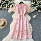 Fongt Squeer Hook Lace Dress Female French Waist Thin Temperament Short-Sleeved Long Dress 2025 Summer