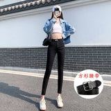 Fongt New Fall 2024 Model Wears High-Waist Elastic Tights, Pencil Pants, Blue And Gray Jeans, Children's Clothes-Outfit