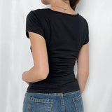 Criss Cross Ruched V Neck Tee-Outfit