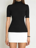 Mock Neck Short Sleeve Contrast Black N White Mini Dress-Outfit